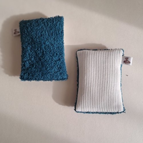 Eponge à vaisselle - tissu eponge et mini nid d'abeilles - pétrole/ecru