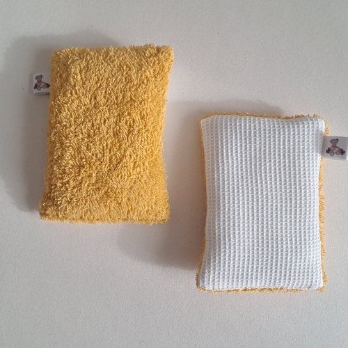 Eponge à vaisselle - tissu eponge et mini nid d'abeilles - curry/ecru