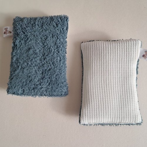 Eponge à vaisselle - tissu eponge et mini nid d'abeilles - bleu pigeon/ecru