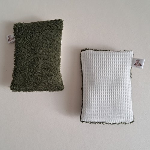 Eponge à vaisselle - tissu eponge et mini nid d'abeilles - olive foncé/ecru