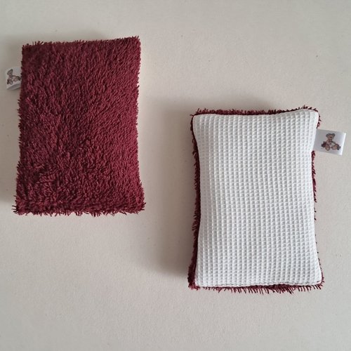 Eponge à vaisselle - tissu eponge et mini nid d'abeilles - bordeaux/ecru
