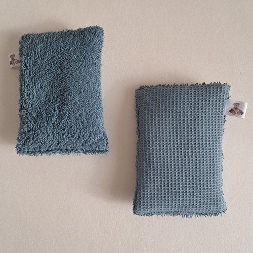 Eponge à vaisselle -  tissu eponge et mini nid d'abeilles - bleu pigeon