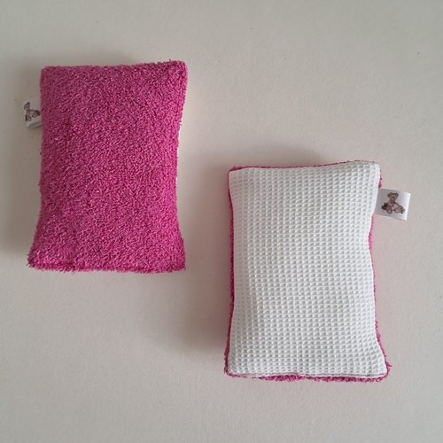 Eponge à vaisselle -  tissu micro eponge de bambou et mini nid d'abeilles - fushia/ecru