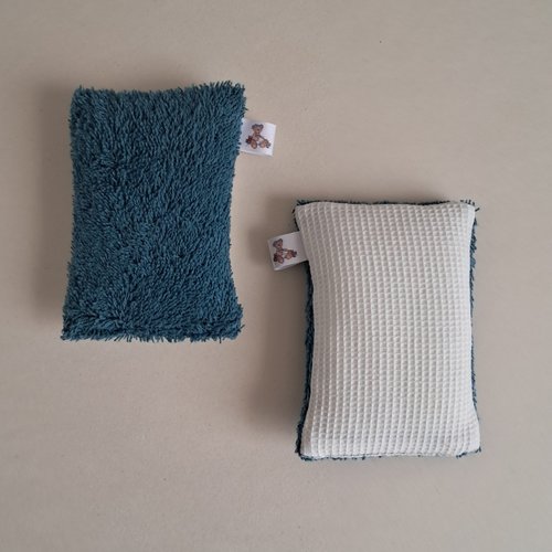 Eponge à vaisselle - tissu eponge et mini nid d'abeilles - pétrole/ecru
