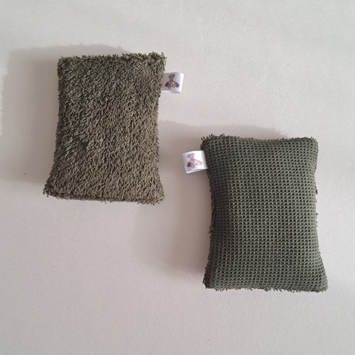 Eponge à vaisselle -  tissu eponge et mini nid d'abeilles - olive foncé
