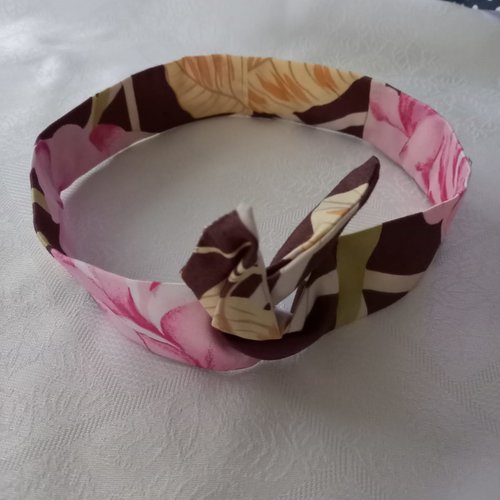 Bandeau headband rigide, marron et rose à fleurs