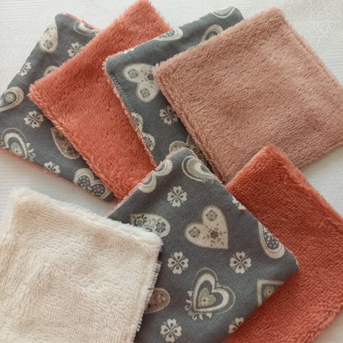 Cotons réutilisables - gris et beige rosé, saumon - cotons lavables.