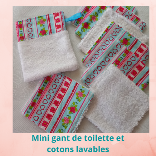 Cotons lavables + mini gant de toilette - fleurs et coeurs.
