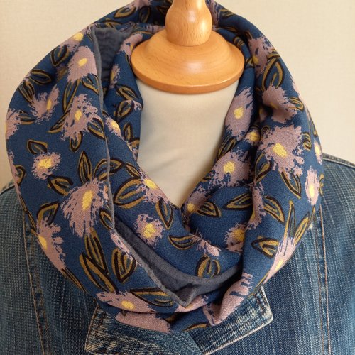 Double écharpe snood femme, tissu bleu moyen, viscose et gaze de coton, double col ,écharpe tube, foulard , tour de cou,