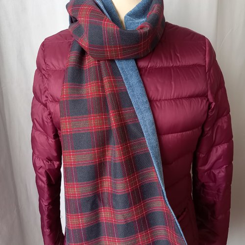 Grande écharpe pour homme, velours milleraies et tissu écossais, bleu, gris et bordeaux