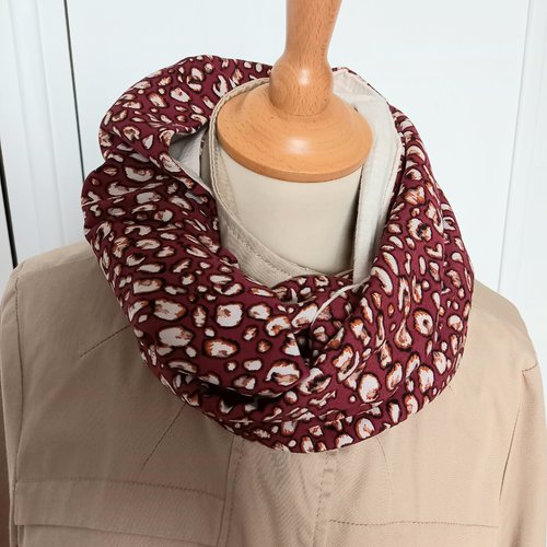 Double écharpe snood femme, tissu tâche, viscose et gaze de coton, double col ,écharpe tube, foulard , tour de cou, tissu léopard