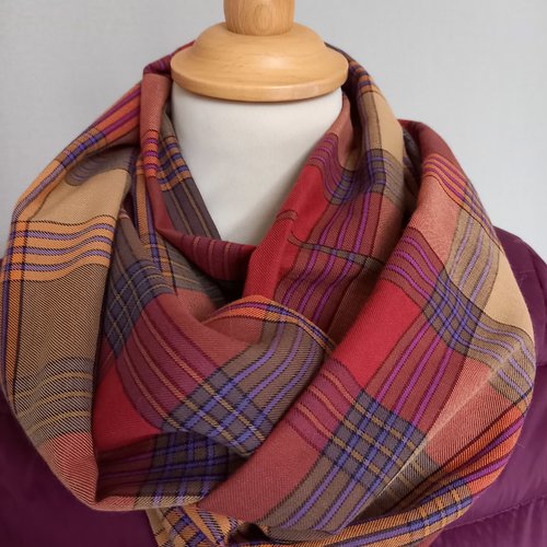 Snood homme coton, chèche pour homme écossais beige, bordeaux et marron.