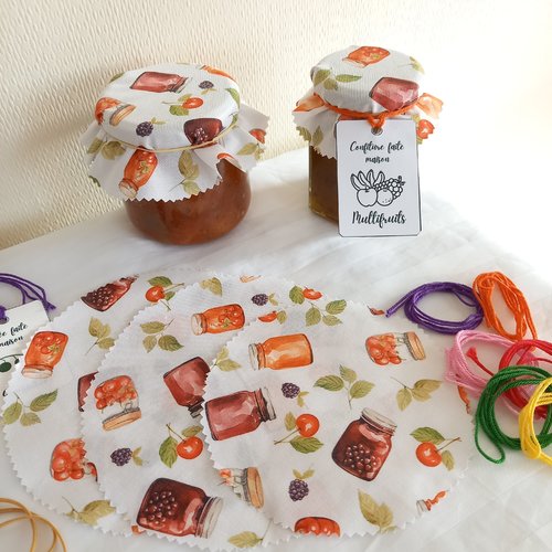 Couvre pot de confiture x 3, tissu avec des pots de confiture, avec liens, étiquettes, élastiques, 2 tailles au choix.