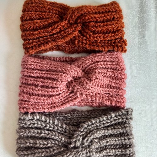 Bandeau croisé en laine pour femme, headband laine, tricoté main.