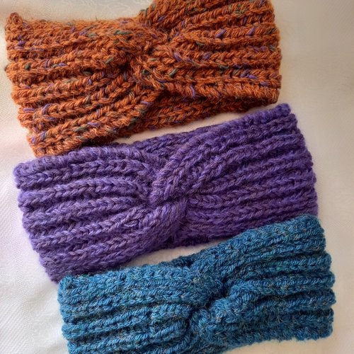 Bandeau croisé en laine pour femme, headband laine, tricoté main.