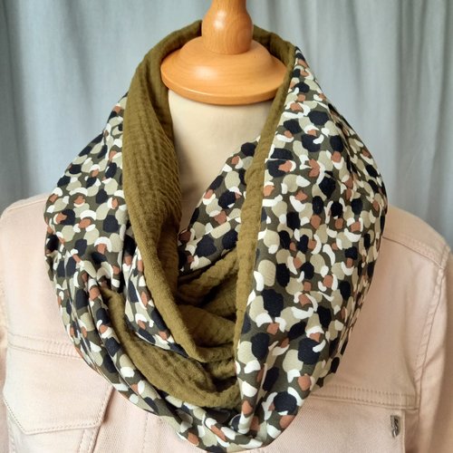 Double écharpe snood femme, tissu tâche, viscose et gaze de coton, double col ,écharpe tube, foulard , tour de cou