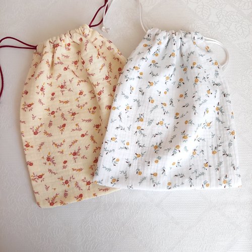 Sac double gaze de coton, pochon gaze de coton fleuri, petites roses