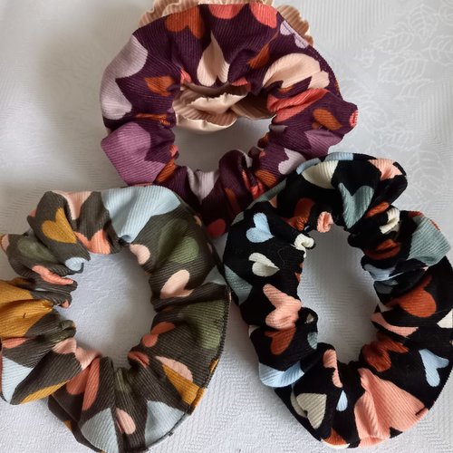 Chouchou en velours, tissu coeurs, chouchou velours côtelé, kaki,