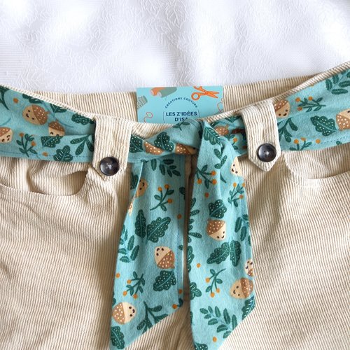 Ceinture en flanelle de coton bio, ceinture en tissu à nouer, motif glands et feuilles.