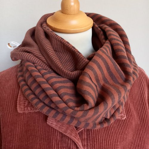 Double snood homme gaze de coton terracotta-gris, snood double gaze rayé