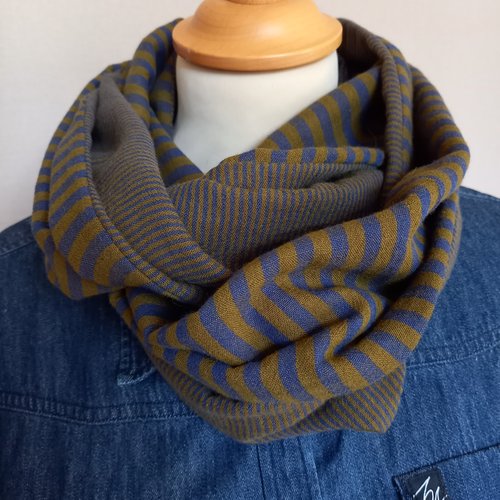 Double snood homme gaze de coton marine-kaki, snood double gaze rayé