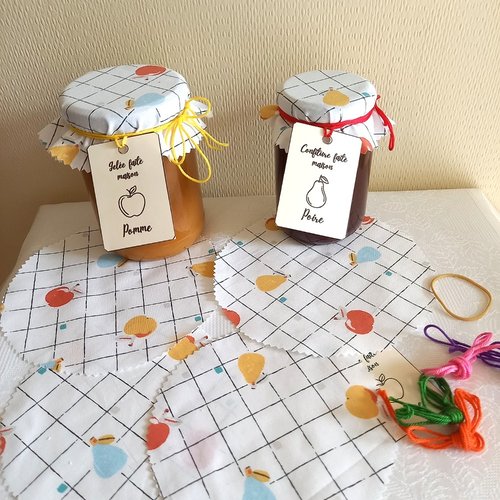 Couvre pot de confiture x 3, avec liens, étiquettes, élastiques, 2 tailles au choix.