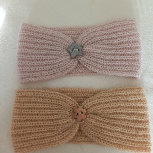 Bandeau en laine tricoté main, headband resserré, parme ou beige.