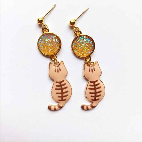 Boucles d'oreilles chat émail tigré roux