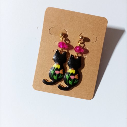 Boucles d'oreilles chat perle noir fleurs