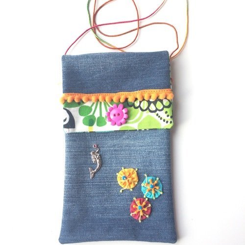 Étui pour téléphone - sac flower power - pochette en jean recyclé