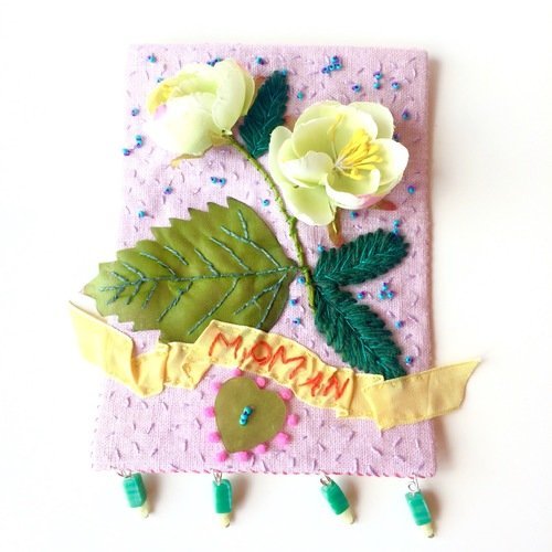 Carte postale bouquet de fleurs - carte textile brodée - carte fête des mères