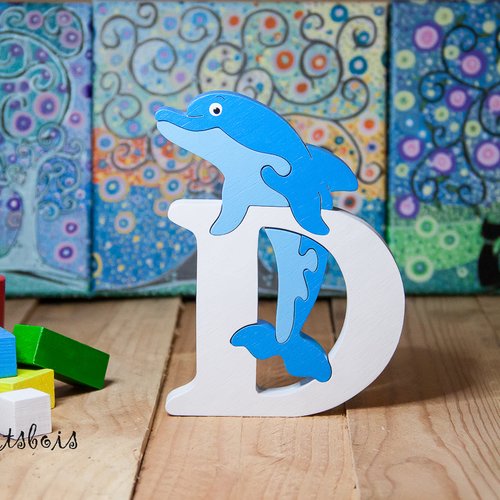 Puzzle en bois , lettre alphabet ( dauphin )