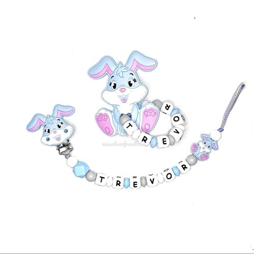 Lot attache tetine et anneau de dentition en silicone lapin