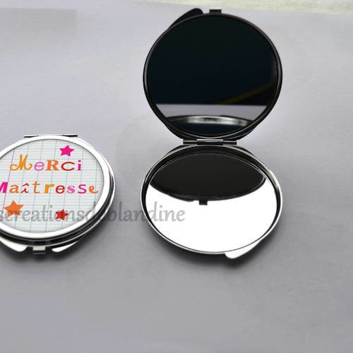 Miroir de poche double &quot;  merci maîtresse &quot; en métal, recouvert d'un cabochon en résine