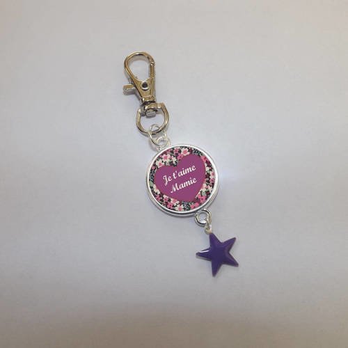 Porte clé &quot; je t'aime mamie &quot; composé d'une étoile émaillé violette 