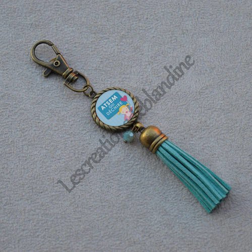 Porte clés spécial atsem pompon en daim, perle en cristal 