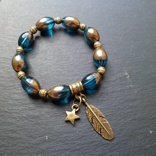 Bracelet vintage&quot;plume et étoile&quot; ton bleu/doré en verre 