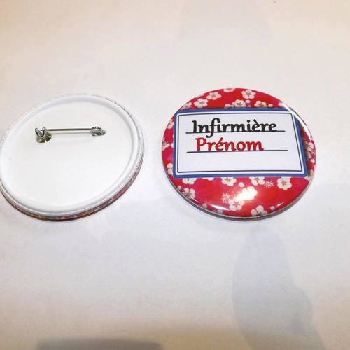 Badge infirmière à personnaliser 5,8 cm de diamètre motif liberty ton rouge 