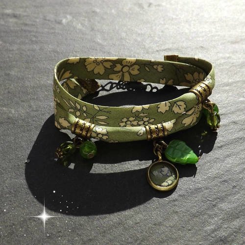 Bracelet liberty 2 tours &quot; zoé &quot; cristal, jade vert, feuille en verre 