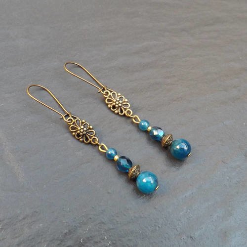 Boucles d'oreille &quot; sea &quot; perles en agate bleues et crist 