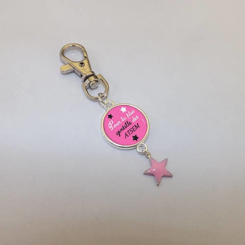 Porte clé cadeau &quot; la plus gentille des atsem &quot; composé d'une étoile émaillée rose 
