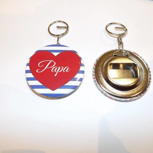 Décapsuleur et porte clé &quot; papa &quot; motif marinière et coeur rouge 