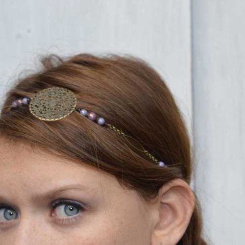 Headband rétro vintage &quot; enora &quot; composée de perles en verre tchèque aux reflets dorés