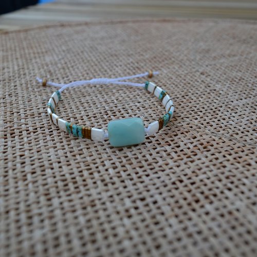 Bracelet miyuki tila & perle en amazonite,  blanc, turquoise et marron métallisé, finition macramé ou élastique au choix
