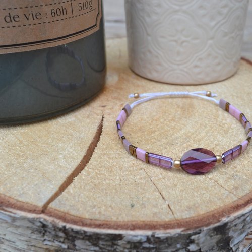 Bracelet miyuki tila & perle en cristal de swarovski, violet, lilas et plaqué or, finition macramé ou élastique au choix