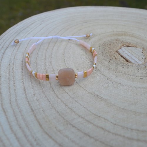 Bracelet miyuki tila, pierre en quartz rose, plaqué or, finition macramé ou élastique