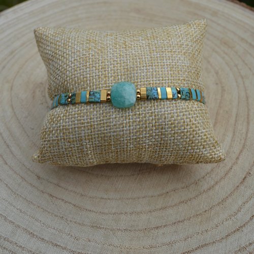 Bracelet miyuki tila, pierre en amazonite, perles en verre japonais et plaqué or