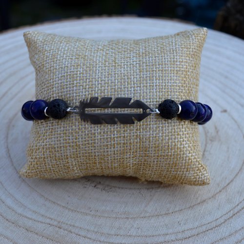 Bracelet homme " plume " perles en lapis lazuli et pierre de lave