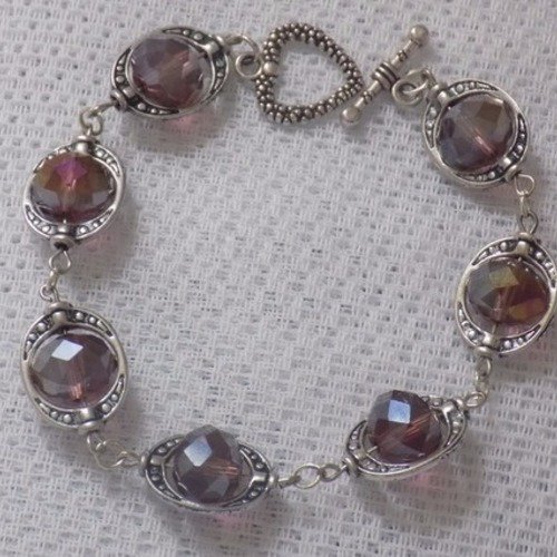 Bracelet argent,connecteurs ovales,perles verre coloris prune,fermoir t.