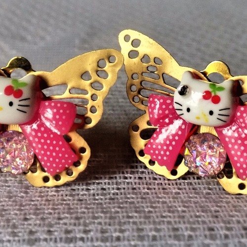 Boucles d'oreille clips enfant doré et rose,papillon,noeud,chaton,strass.